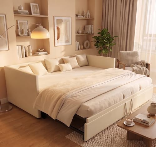Lietre Canapé lit Convertible 2 Places 90/180 x 200cm, Cadre de Canape Lit 2 Places Convertible avec sommier à Lattes, Extensible, Velours(sans Matelas) (Beige)