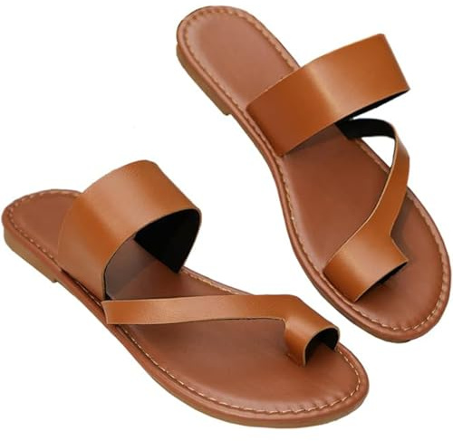 Platta sandaler för kvinnor, tåöglor, slip-on, rygglösa damsandaler, sommarflip-flops i PU-läder för stranden, dagliga resor, fotkorrigerare för valgus hallux valgus(Brown,37 EU)