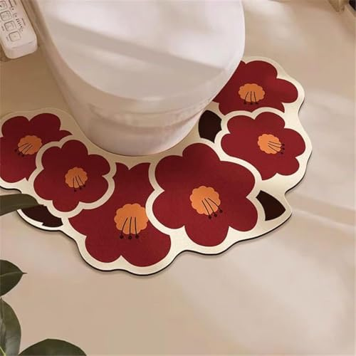 YongXinMY Flower Prints U Shape Toilet Rugs - Diatomite Nordic Style Non Slip Absorbent Bath Mat, Quick Dry Washable Soft Thin Contour Rug for Bathroom Toilet WC Shower Floor (Burgundy,60x40cm)