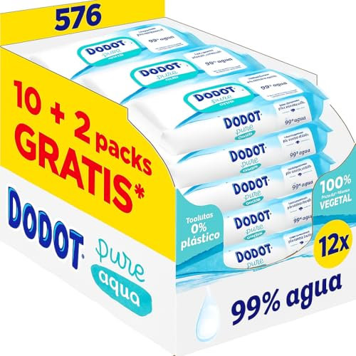 Dodot Toallitas Pure Aqua Para Bebé, 576 Toallitas - 12 Packs de 48 Unidades. 99% Agua, Sin plástico. Ayuda A Restaurar El PH Natural De La Piel