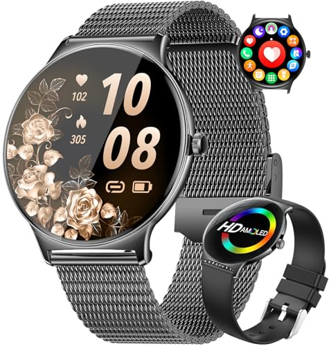 HIRREO Smartwatch Damen Mit Telefonfunktion,1.43 AMOLED Fitnessuhr Mit Schlafmonitor Kompatibel Android iOS,SchrittzäHler Kalorien IP68 Wasserdicht Smart Watch 100+Sport Modi Schwarz
