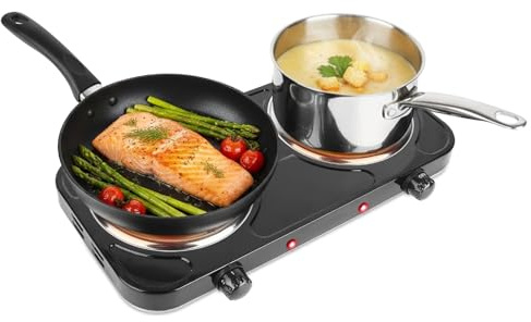 2000W Double Burner Cooktop, Portable Electric Stove, Coil Hot Plate Cooking Stove with 5 Temperature Adjustments, Countertop Burner Cooktop for Camping Home Dorm