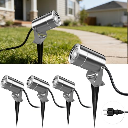 JNR Edelstahl LED Gartenbeleuchtung mit Strom und Erdspieß, Silber 4 Pack | IP65 Wasserdicht Gartenlampen für Draußen Strom mit 2M Kabel mit Stecker, Gartenleuchten 5W GU10 3000K Warmweiß Glühbirne