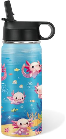 Axolotl Gifts for Girls 16 oz Kids Water Bottle with Straw Lid, Stainless Steel Insulated Tumbler, Leak Proof, BPA-Free,Adorable Ocean Animal Mug Cup for Sports,Travel Children Birthday Gifts (1pc)