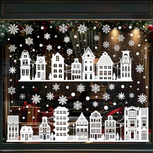 Fensterbilder Weihnachten 9 Blatt, Haus Fensterbilder Winter Weihnachtsdeko Selbstklebend, Schneeflocke Fenstersticker Weihnachts Fensteraufkleber Haus, Aufkleber Weihnachts Winter Fenster Tür Deko