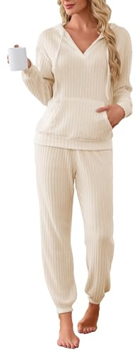 Famulily Casual Loungewear Sets for Women Ribbed V Neck Hooded Jumpers and Jogging Bottoms, Ladies Tracksuits Leisure Suits Long Sleeve Pyjamas Nightwear (L, Beige)