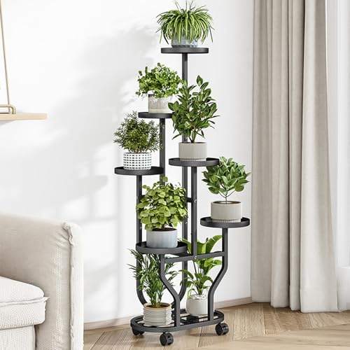 SXKJQER Portavasi Interno Esterno 7 Vasi Fioriera Supporto Piante Fiori Metallo Portafiori Ferro Battuto Da Orchidee Balcone Giardino,Soprammobile Con Rotelle(Noir)