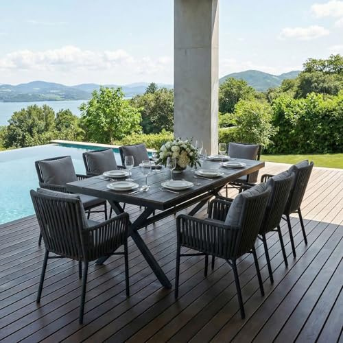 IDIMEX Gartenmöbel-Set AFUERA Tisch mit 8 Stühlen, Schwarz - Outdoor Essgruppe für bis zu 8 Personen, wetterfest und pflegeleicht, Wasserabweisende Sitzkissen, ideal für Terrasse, Balkon und Garten