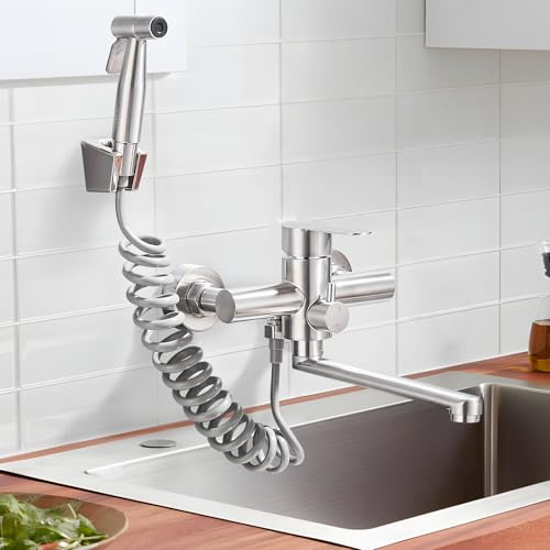 Fyheast Wasserhahn Küche Wandmontage,Wandarmatur Küche mit Spritzpistole, 360° Drehbare Küchenarmatur Wandmontage Drehrohr 23cm,Gebürstet