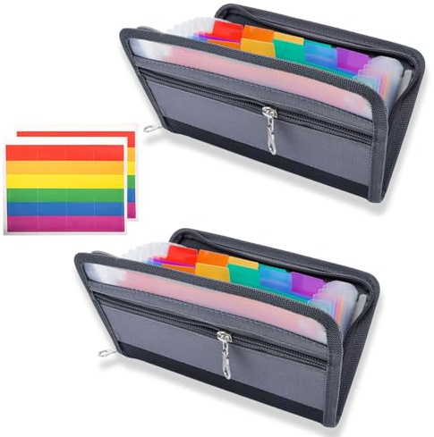 2 Stück Fächermappe A6, Dokumentenmappe A6 mit Reißverschluss | Etiketten 13 Fächern, Bunte Innenseiten, Ordnungsmappe Karteikarten Mappe Ordner Datei Organizer Aaufbewahrung für Schecks