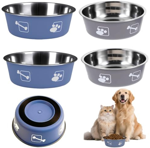 4 Stück Hundenapf-Set aus Edelstahl mit Rutschfester Silikonbasis, 800ml Futternapf Hund, 17.5cm, Geeignet für Kleine, Mittelgroße und Große Hunde und Katzen (Grauen und Blaugrauen)