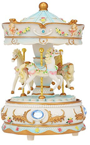 Docooler Mini Carousel Clockwork Music Box Colorful LED Merry-go-round Musical Box Gift for Girlfriend Kids Children Christmas Festival Blue