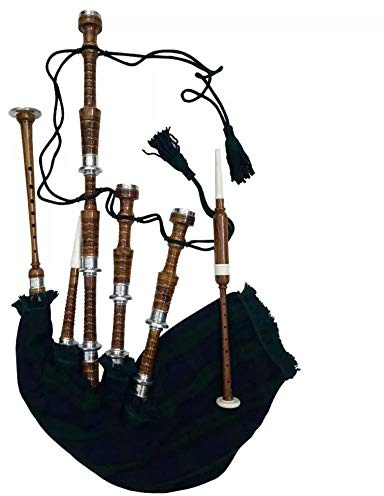 Schottischer Dudelsack aus Palisander, naturfarben, mit silberfarbenen Passepartouts, inkl. Tutorbuch, Tragetasche, Drohne, Schilfrohr, Natur schwarz/schottenmuster