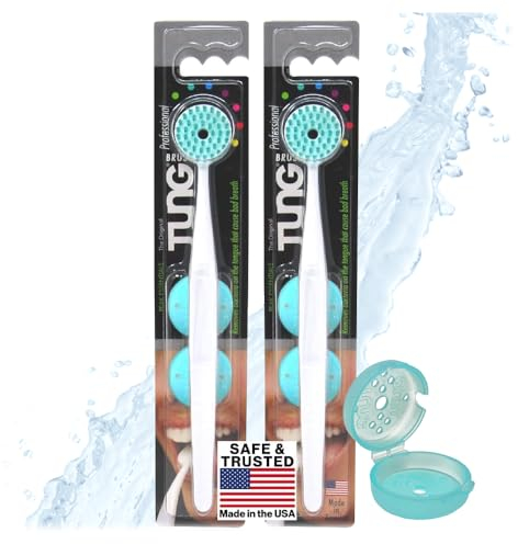 Peak Essentials Tung Brush with Caps | Tongue Cleaner for Adults | Tongue Scraper | Tongue Scrubber | Bad Breath and Halitosis | Mouth Odor Eliminator | Made in America (2 Pack w/Cap)