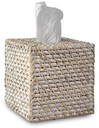 Square Whitewash Woven Rattan Square Tissue Box Holder for Kitchen, Bathroom, Car | Decorative Wicker Refillable Dispenser Holder with a Free Tissue Box