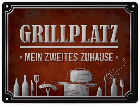Metallschild XL mit Grill Motiv und Spruch: Grillplatz - mein zweites Zuhause