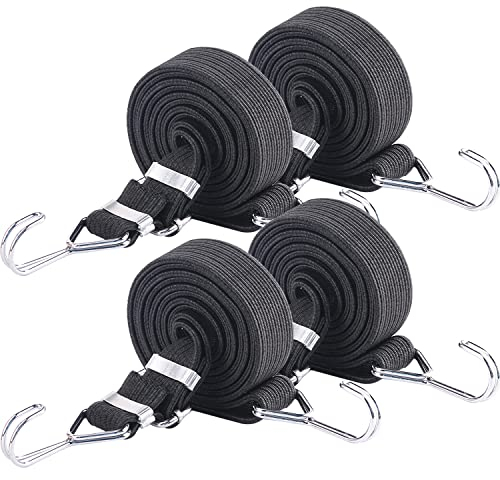 Adjustable Bungee Hooks Cord 4PCS 2M Black Xtra Long Flat Elasticity Rope, Large Heavy Duty Rubber Elastic Straps with Adjustment Metal Buckle for Fastening Luggage or Backpacks and Moving Cargo