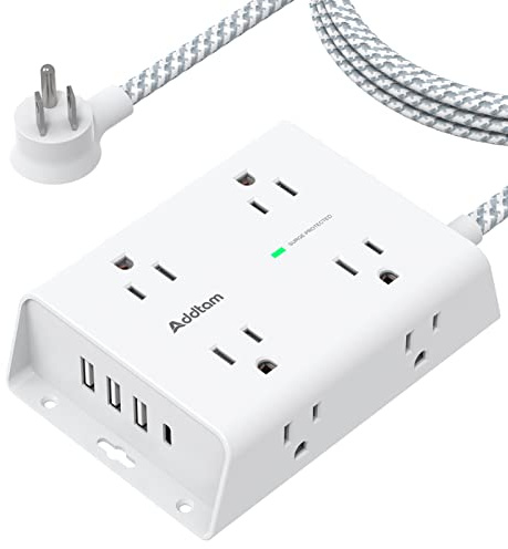 Addtam Surge Protector Power Strip, 8 Widely Outlets with 4 USB Ports (2 USB C), 5ft Extension Cord with Multiple Plug Outlets, 3 Side Outlet Extender, Flat Plug, Wall Mount, ETL, White