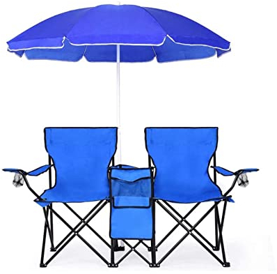 Yadlan Campingstuhl Doppelsitzer, Strandstuhl Klappbar Leicht Tragbar, 2 Personen Faltstuhl Camping mit Sonnenschirm und KüHlfach, Wetterfest Zwei Personen Campingstuhl Angelstuhl