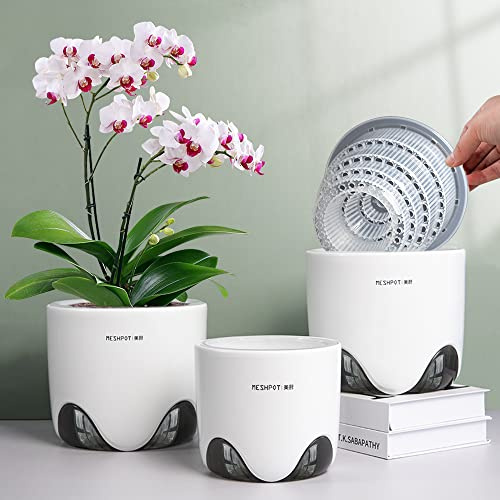 Meshpot Lot de 2 pots à orchidée de 15,2 cm avec trous, double couche en plastique imitation céramique offrant une bonne circulation de l'air, pot à orchidée transparent assorti à un récipient