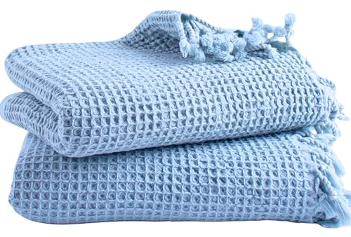 2 Stück Dünne Badetücher Leicht Schnell Trocknen - Original Türkische Waffeltücher für Hammam, Spa - Premium Baumwolle Waffelgewebe Hamamtücher, Handtücher (Eisblau)