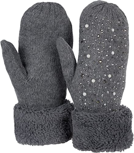 styleBREAKER Damen Strick Fäustlinge Strass Perlen | Wärmendes Thermo-Fleece-Innenfutter, elastische Passform für 16-21 cm Handumfang (Größe 6-8), ohne störende Nähte.