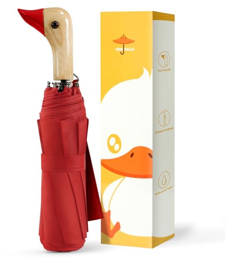 LEAGERA Compact Umbrellas for Rain&Sun, Travel Umbrella Cute Duck Head Handle Design for Girls Gifts, Steady 8 Ribs Folding Umbrella Lightweight and Small,Red