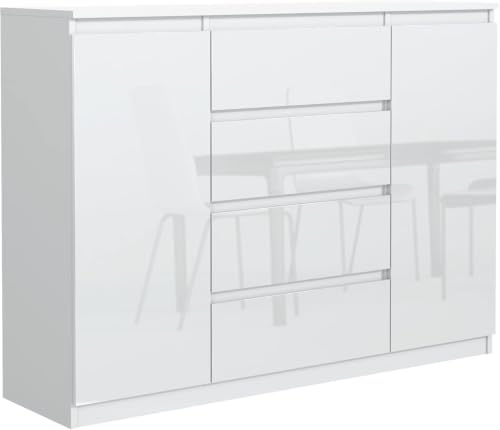 meble masztalerz Kommode 140, 4 Schublade 2 Türen, Weiß Hochglanz Fronten | Kommodenschrank 138, 6x101, 5x39 cm, Moderne Schubladenschrank, Sideboard für Wohnzimmer, Flur & Schlafzimmer