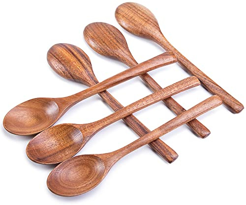 HAKSEN Wooden Spoons for Eating, 8.2 Inch Wood Mixing Soup Spoon with Long Handle for Korean Food Daily Meal Stirring Sauce Coffee, 6PCS