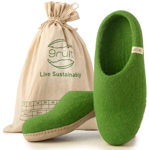 Grült Chaussons en feutre vert EU-40, en laine de mouton avec semelle en cuir, chaussons Filz pour homme et femme | chaussures en feutre