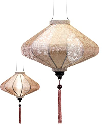 Asiatische Laterne aus Seide, Durchmesser 39 cm, Farbe Champagner, reflektierend, Rosa – Traditioneller Hoi an Lampion aus Stoff, Bambus und Holz – Dekoration und Handwerk aus Vietnam (P20-BE)