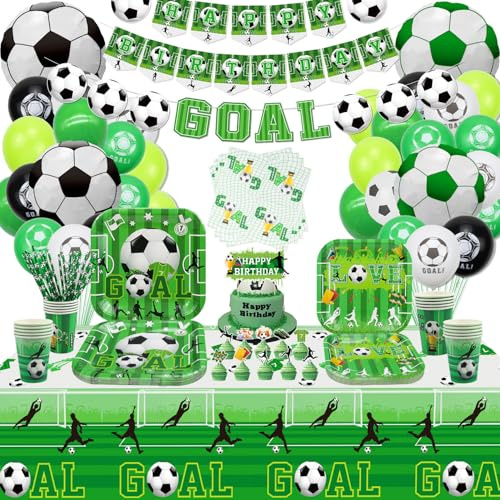 Football Birthday Party Supplies - Including HAPPY BIRTHDAY Banner, Football Favor Bags, Football Silicone Wristbands, Plates, Cups, Napkins, Tablecloth, Balloons - Serves 20