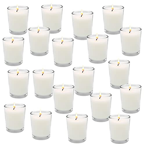 Clear Glass Filled Unscented White Votive Candles Small 2 Inch Diameter 15 Hour Soy Wax Candles for Aromatherapy Spa Weddings Holidays Party Mother's Day, 20 Packs