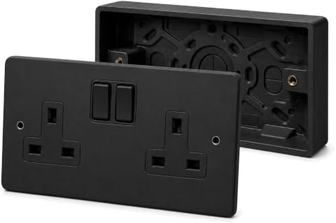 13A 2 Gang Double Switched Socket & 29mm Surface Mount Back Box – Matt Black Round-Edge Metal Plate, Sleek Modern Plug Socket for Home or Office – Easy Install, Durable, Stylish Finish