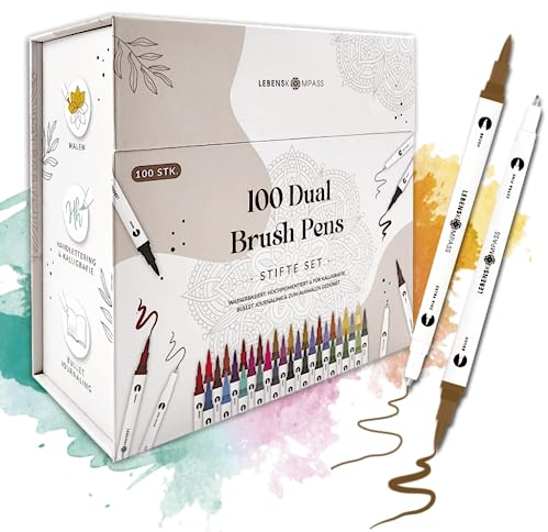 LEBENSKOMPASS® Brush Pen Set mit 100 wasserbasierten Dual Pinselstiften - Magnetbox mit Pinselstifte für Malbuch für Erwachsene, Handlettering, Kalligraphie & dein Bullet Journal