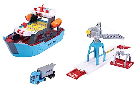 Majorette - Port de Jouets Creatix avec Navire Porte-conteneurs - Station Portuaire logistique Maersk (45 x 29 x 24 cm) avec Navire Cargo, Grue Mobile et Camion avec conteneur, pour Enfants à partir