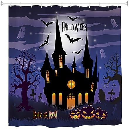 goodbath Tenda da doccia per Halloween, foresta, fantasma, pipistrello, castello, luna, albero spettrale, ragnatela, tema horror, impermeabile, tende da bagno per bagno, 180 x 180 cm, viola (180 x 180