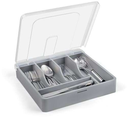 QINOL Bamboo Silverware Tray with Lid, Utensil Drawer Organizer for Kitchen Countertop, Wooden Flatware Organizers and Storage Holder, Bamboo Grey