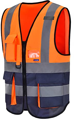 AYKRM Plusieurs Couleurs 7 Poches de Classe 2 Gilet de sécurité Orange & Marine Haute visibilité Devant avec des Bandes réfléchissantes, Gilet orange- Unisexe