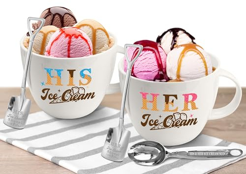 Hexagram His And Hers Gifts, Anniversary Couples Gifts Set Ice Cream Bowl With Scoop&Shovel Spoon, His Her Ice Cream Cereal Bowl Gift, Valentine's Day Young Couples Gift