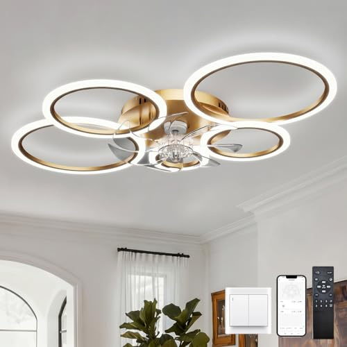 100cm Dorado Lampara Ventilador Techo con Funcion Memoria, Ventilador Techo con Luz Anillo, Cc Temporizador Silencioso Regulable de 6 Velocidades Ceiling Fan with Light para Dormitorio Sala de Estar