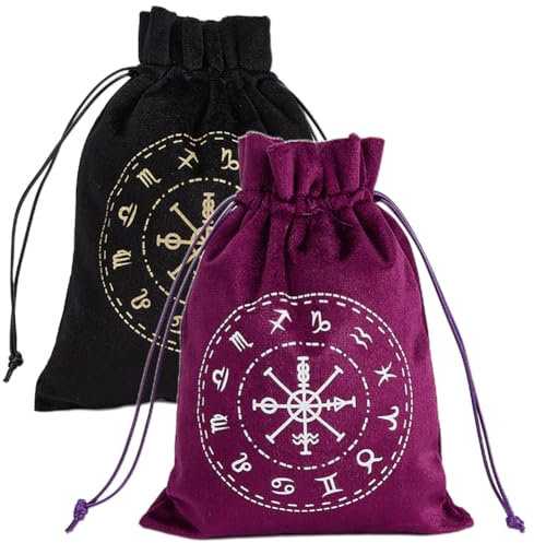 CREATCABIN 2 Tarotbeutel Aus Samt,Aufbewahrung von Tarotkarten,12 Sternbilder,Beutelhalter,Runen Mit Kordelzug,Große Verpackung Für Tarotkarten,Kristallschmuck,Würfel,Geschenk,18x13cm,Schwarz/Lila