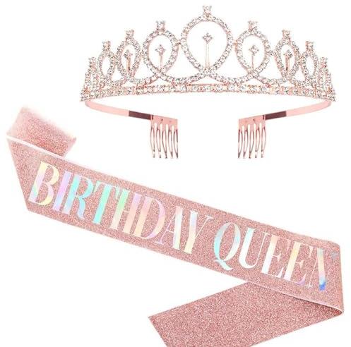 PLABBDPL 1 corona di compleanno + cinghia, oro rosa e glitter