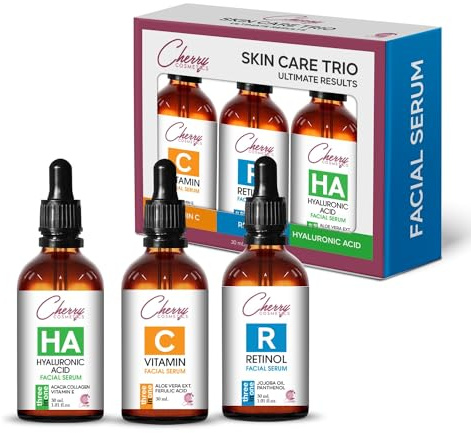 Skincare Set mit Vitamin C Serum, Retinol Serum und hyaluronic acid Serum. Gesichtsserum trio mit anti aging / anti Falten Soforteffekt gegen Pigmentflecken Pickelmale und Altersflecken.
