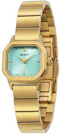 BERNY Dam Guldklocka Fyrkantiga Klockor för Dam 3ATM Vattentät Analog Quartz Klocka Rostfritt Stål Klocka Band Elegant Liten Armbandsur