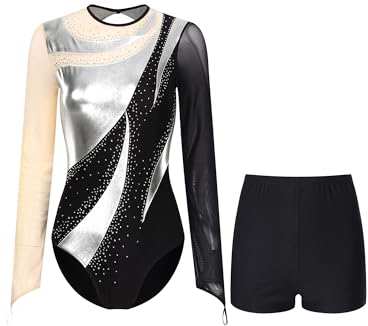 Yhong Damen Gymnastikanzug 2 Pcs Langarm Glitzer Tanz body mit kurze leggings Set Rückenfrei Eiskunstlauf Turnanzug Tanzkleidung Silber XXL