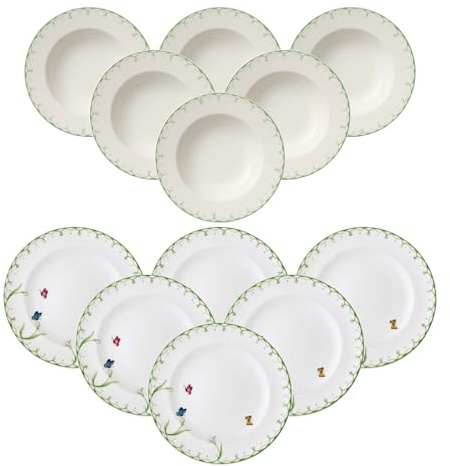 Villeroy & Boch Colourful Spring Service de table 12 pièces, assiettes plates (27 cm) et assiettes creuses (24,7 cm) pour 6 personnes, décor papillons et fleurs, porcelaine de qualité supérieure,