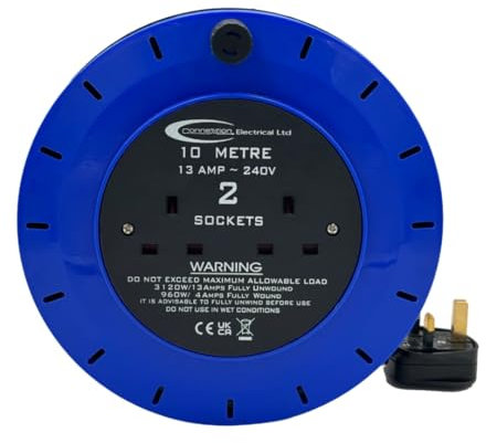 Connexion Extension Lead Reel 10m, Retractable Cassette Type Cable Reel, Long Extension Cable 240V, 2 gang 13 Amp Sockets with Fused UK Plug.