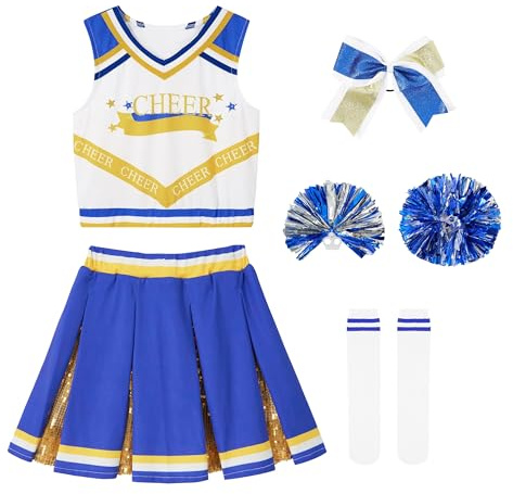 LOLANTA Cheerleader Kostüm Mädchen mit Pompoms Socken, Karneval Faschingskostüm Cheerleader für Kinder, Cheerleader Outfit Mädchen 5-13 Jahre