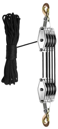 Vuggdt Heavy Duty Rope Hoist, 4-wheel Pulley Lifting Block Hoist, Save Effort 65-Foot Rope Canopy Hoist Pulley System 8:1 Lifting Power